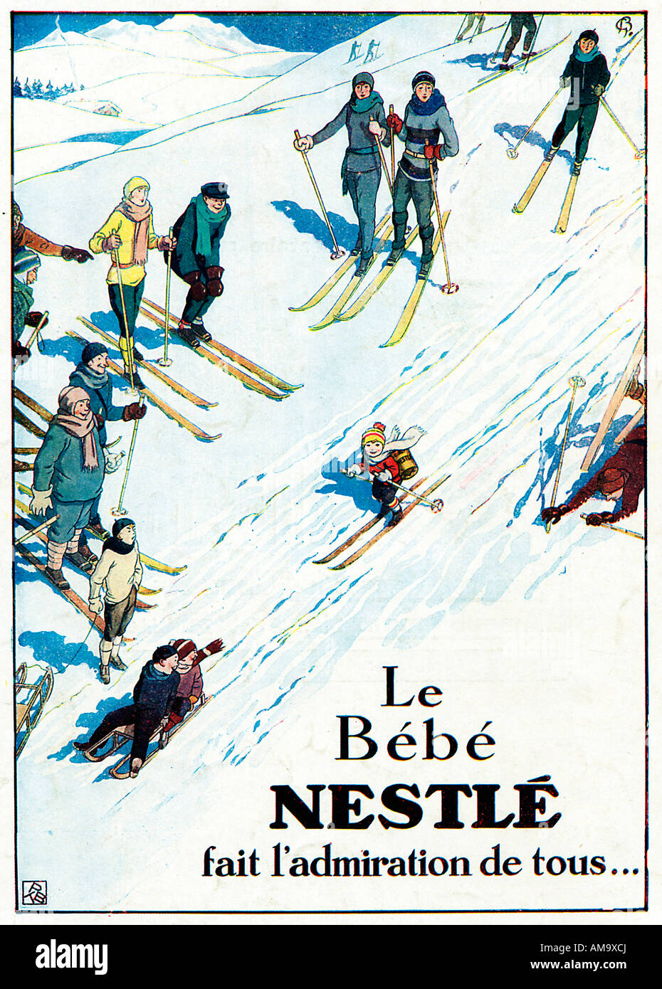 Nestle Baby Skiing 1932 advert for the infant food with a cute child admired by all on the piste Stock Photo