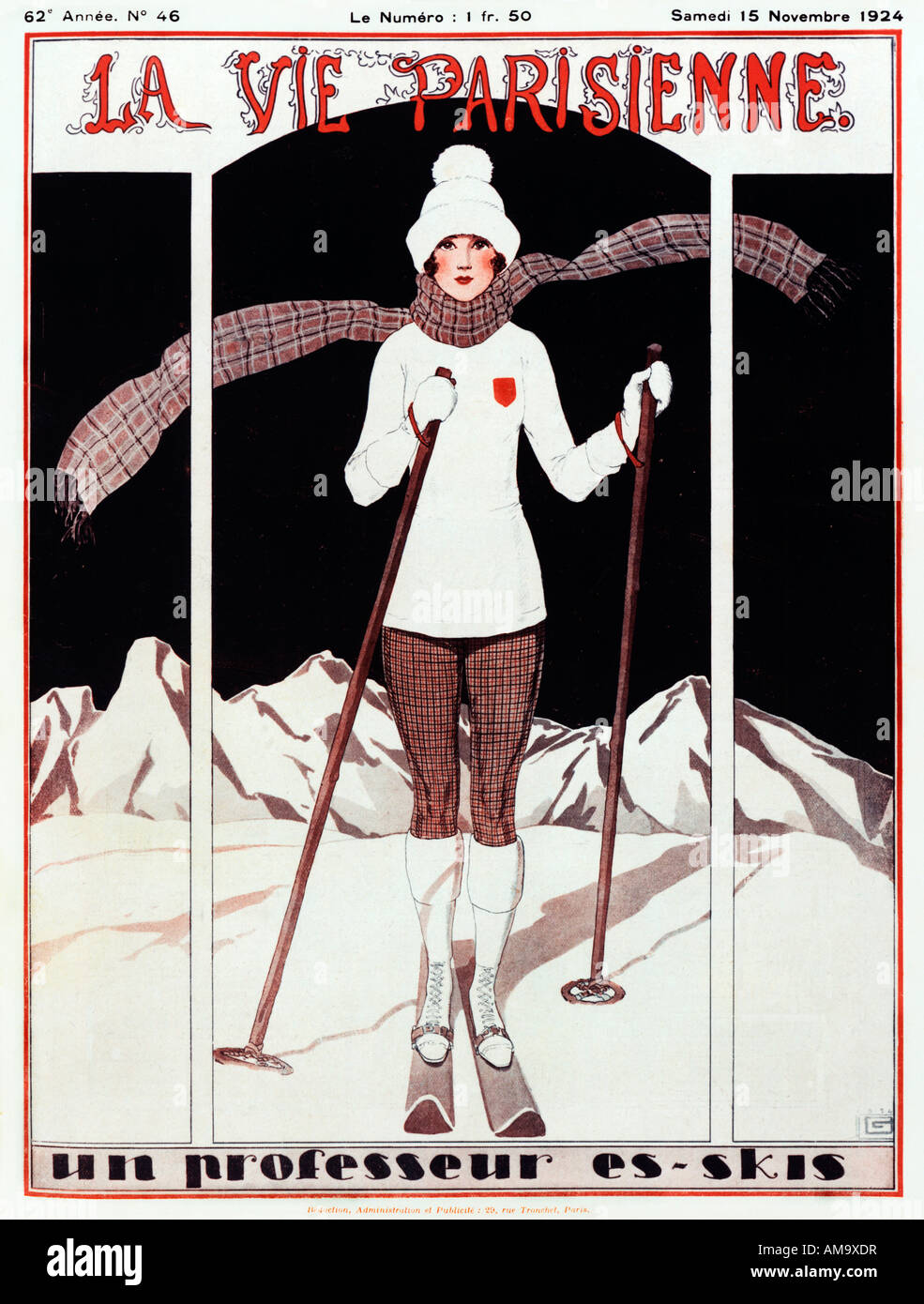 Professeur Es Skis French 1920s illustration of a lady skier on the cover of magazine La Vie Parisienne Stock Photo