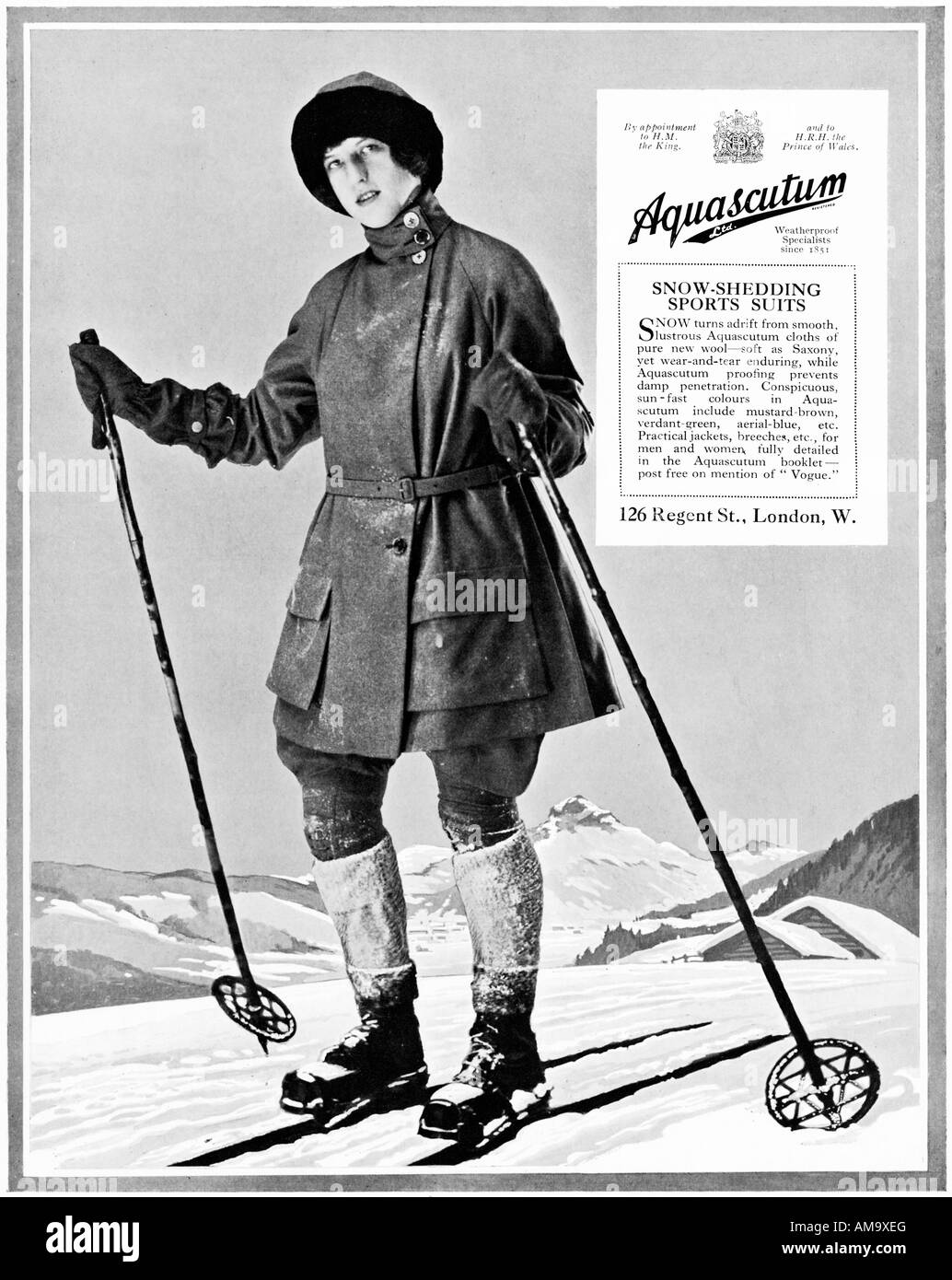 Aquascutum Snow Shedding Sports Suits 1923 advert for the fashionable London clothes for winter sports Stock Photo