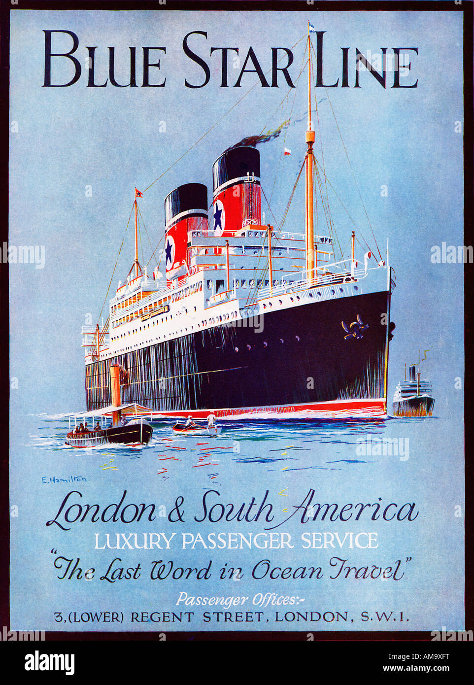 Blue Star Line 1930s advert for the luxury passenger service between London and South America Stock Photo