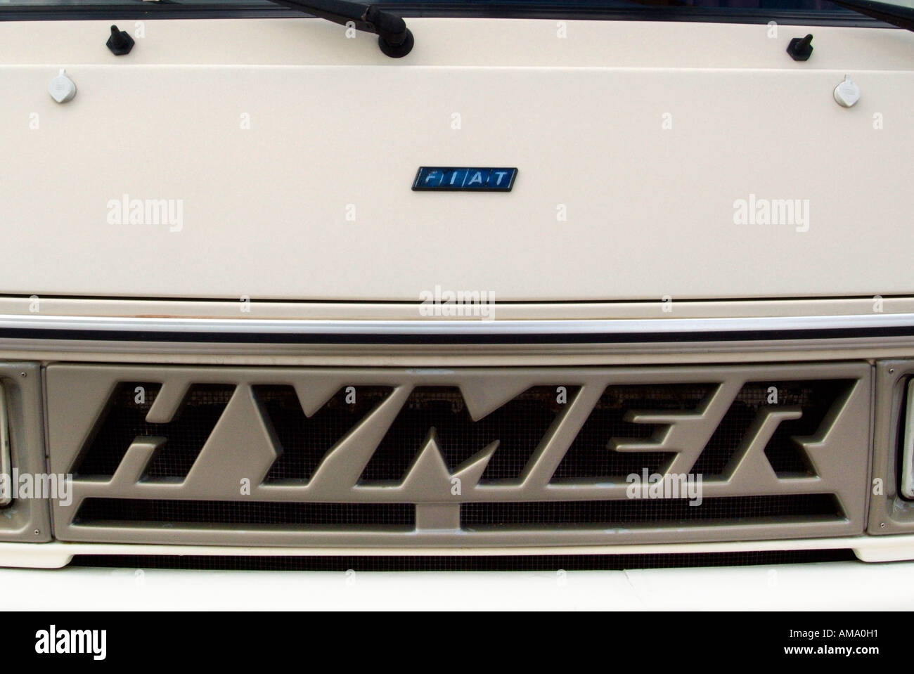 Hymer Motor home exterior camper van transport vehicle leisure compact travel motor caravan logo name metal grill front bonnet g Stock Photo