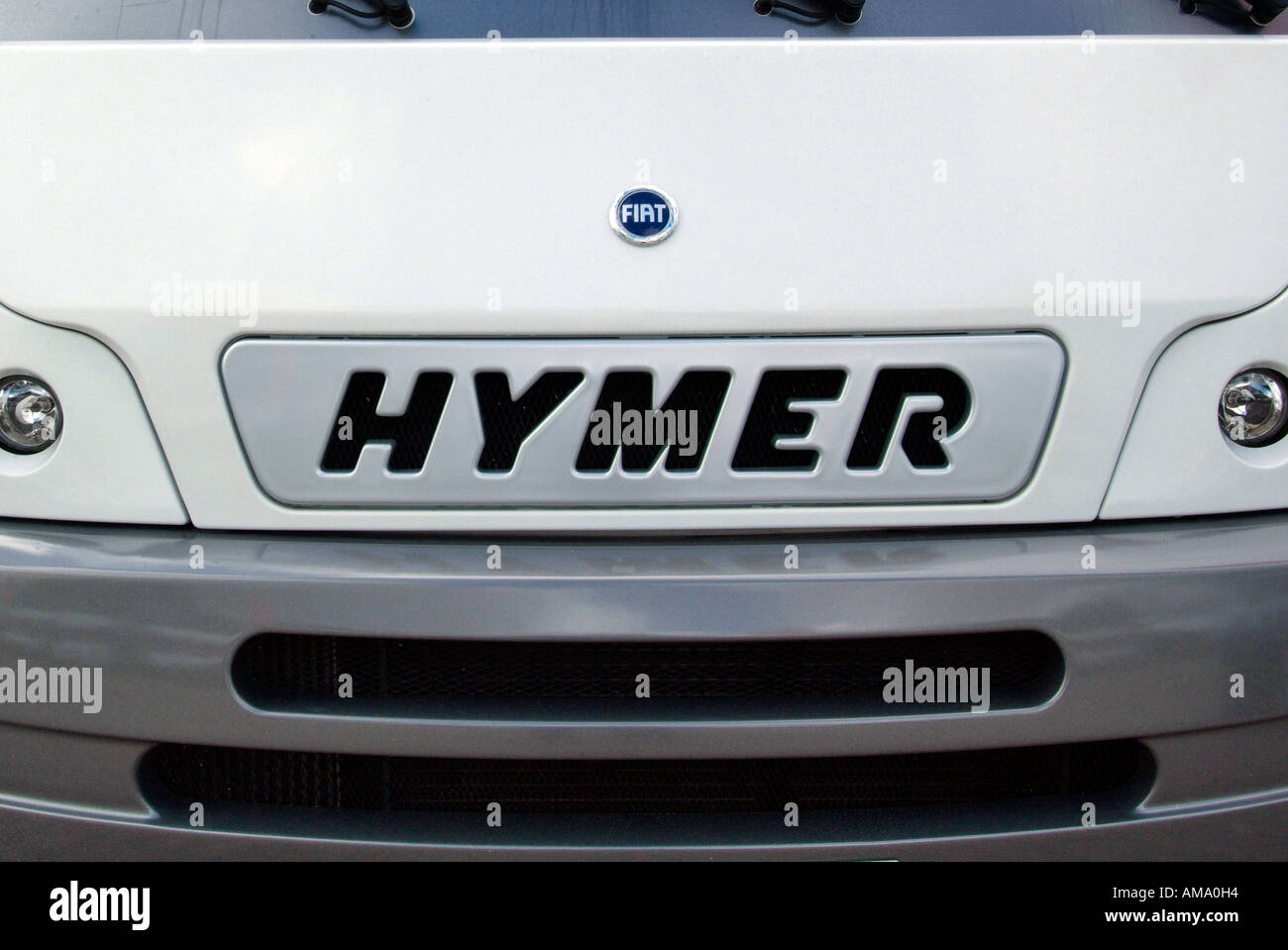 Hymer Motor home exterior camper van transport vehicle leisure compact travel motor caravan logo name metal grill front bonnet g Stock Photo