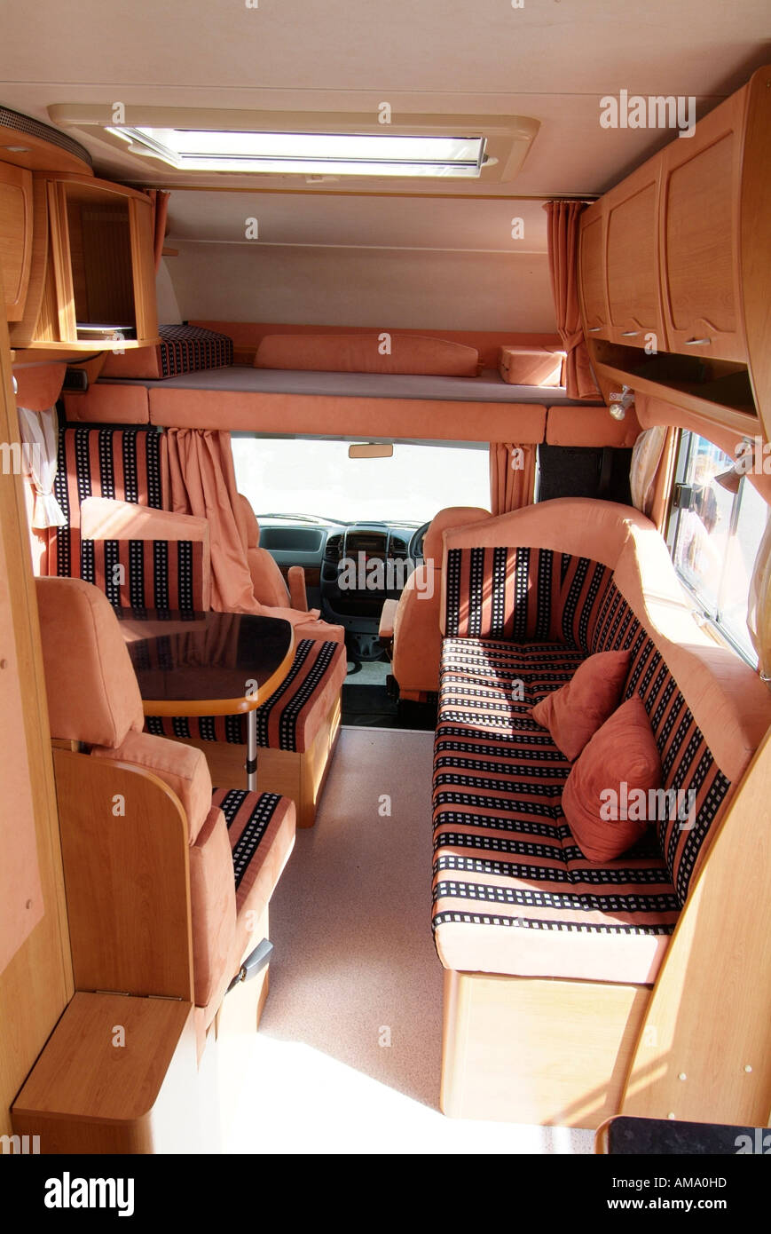 Motor home interior camper van transport vehicle leisure Hymer compact travel motor caravan Stock Photo