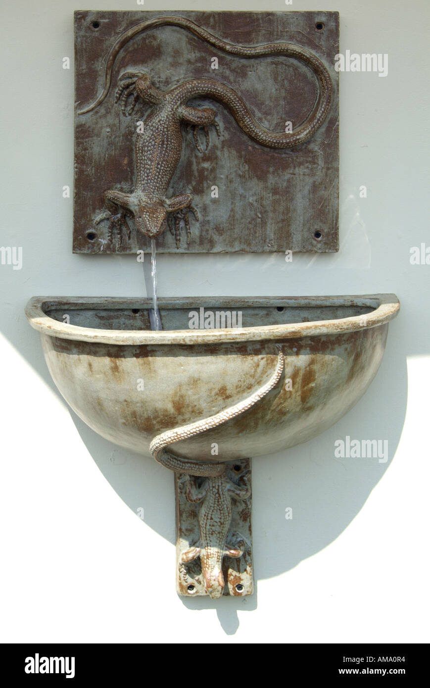 Ceramic hand made studio water fountain wall mounted bowl lizard motif semicircular plaque