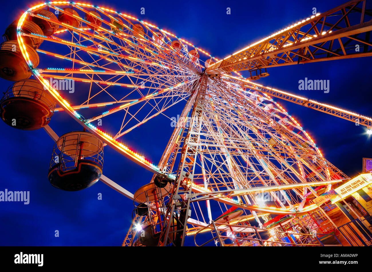 ferris wheel on central pier at night motionless and static blackpool lancashire england uk europe Stock Photo