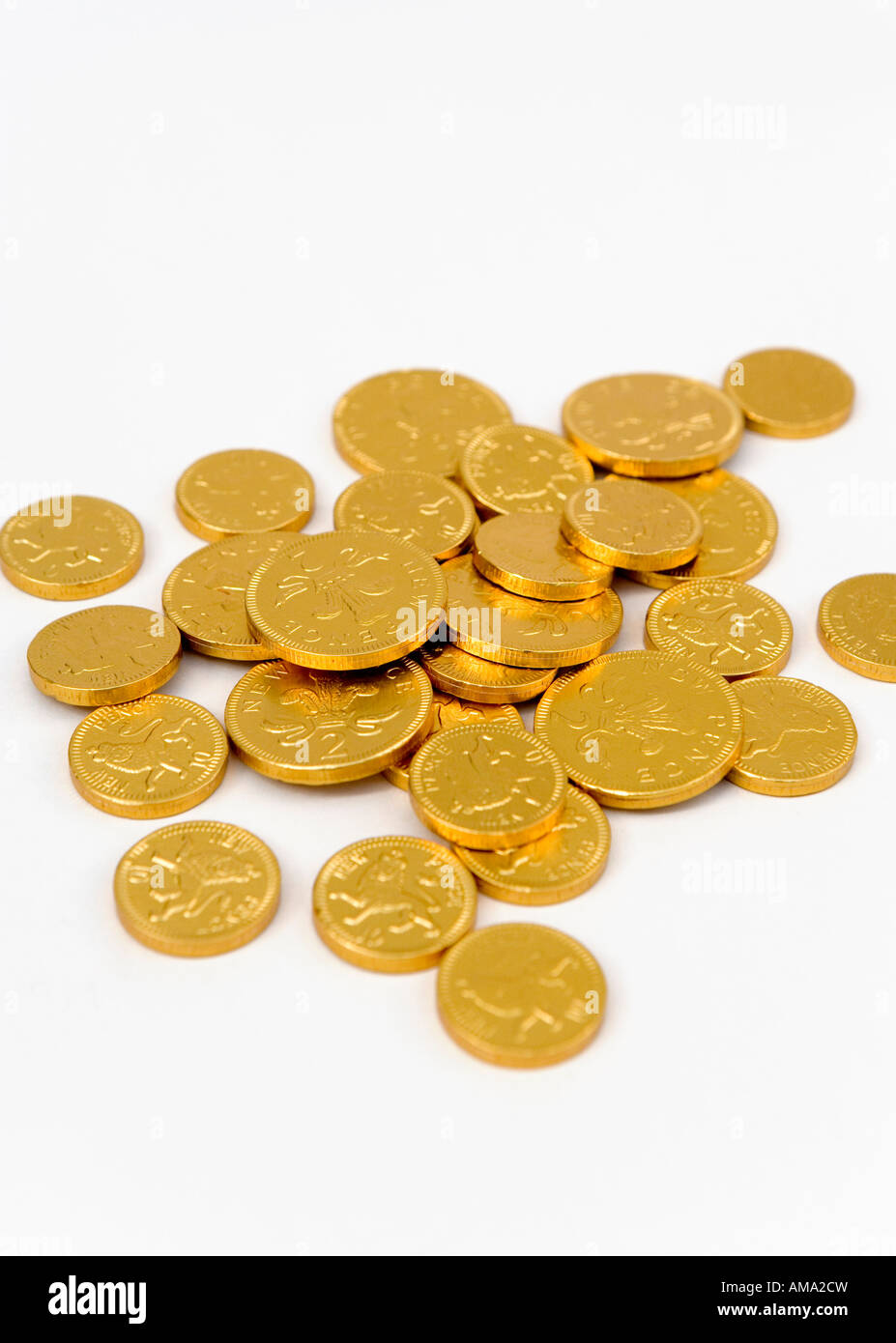 Gold chocolate coins Stock Photo Alamy