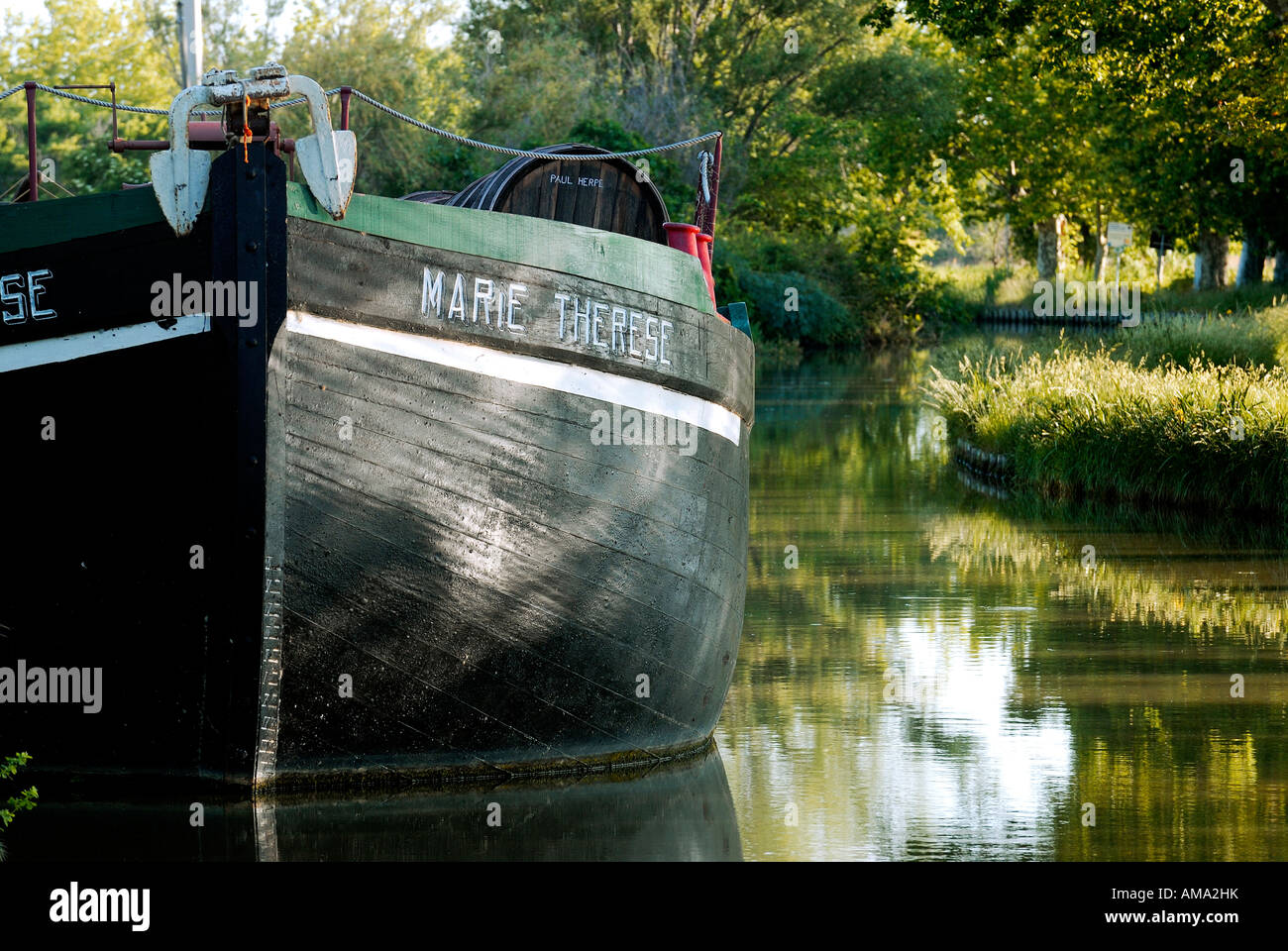France, Aude, canal de la Robine, Marie Therese barge is the last barque de patron of Canal du Midi Stock Photo