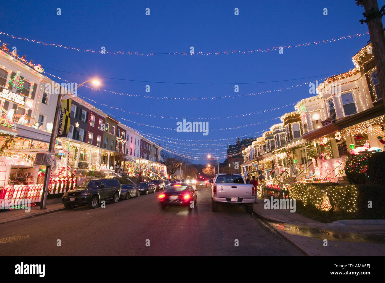 Neighborhood Christmas decorations 34th Street Hampden Baltimore Maryland Stock Photo