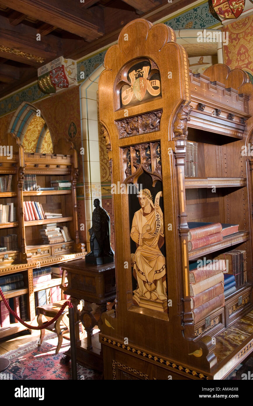 Wales Cardiff Cardiff Castle Library carved bookcase end with carving
