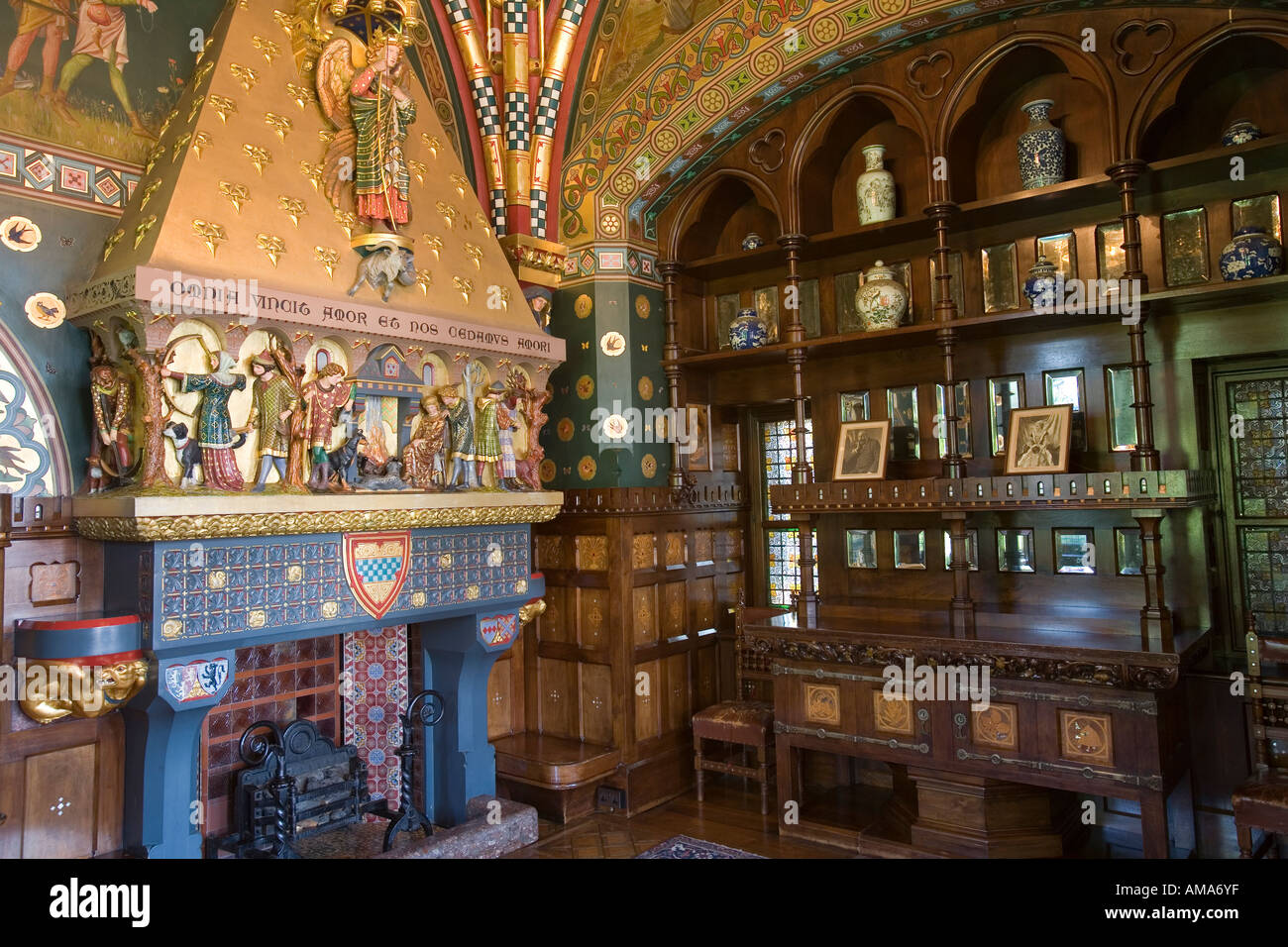 Wales Cardiff Castle Winter Smoking Room the buffet and fireplace Stock Photo