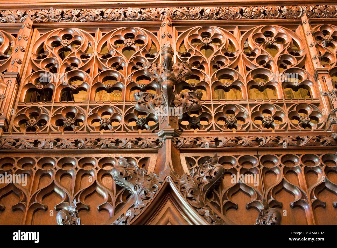 Wales Cardiff Cardiff Castle Banqueting Hall Minstrels Gallery carving detail Stock Photo
