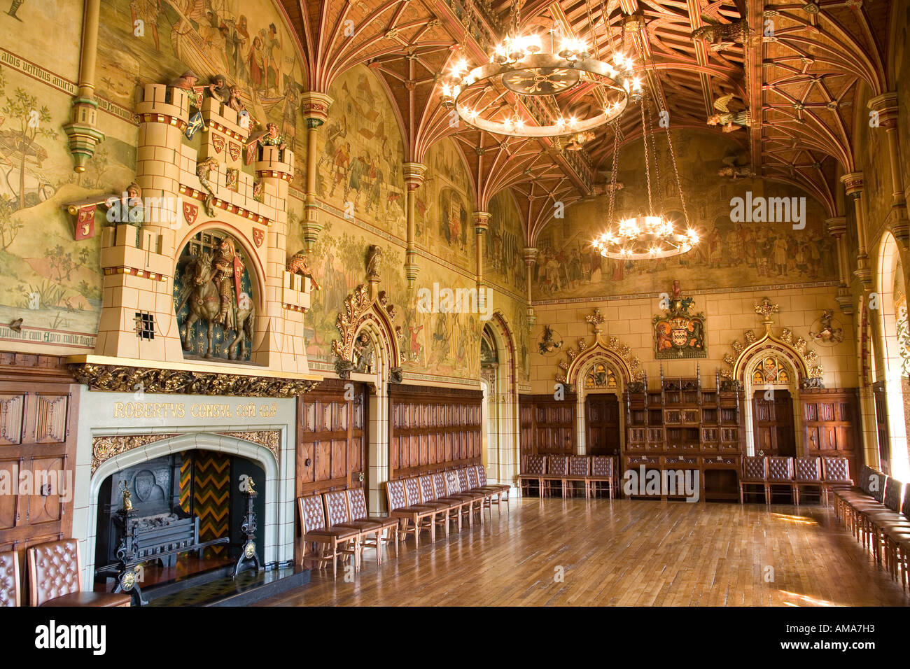 Wales Cardiff Castle Banqueting Hall fireplace and wooden ceiling Stock Photo