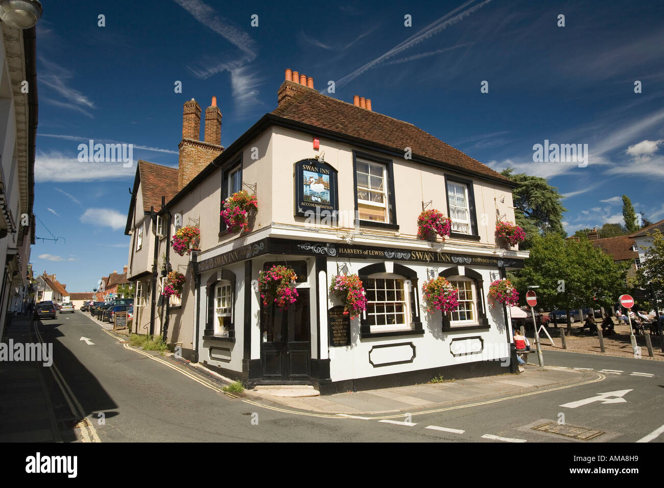 West Sussex South Downs Midhurst Swan Inn and Church of Mary Magdelene and St Denys Stock Photo