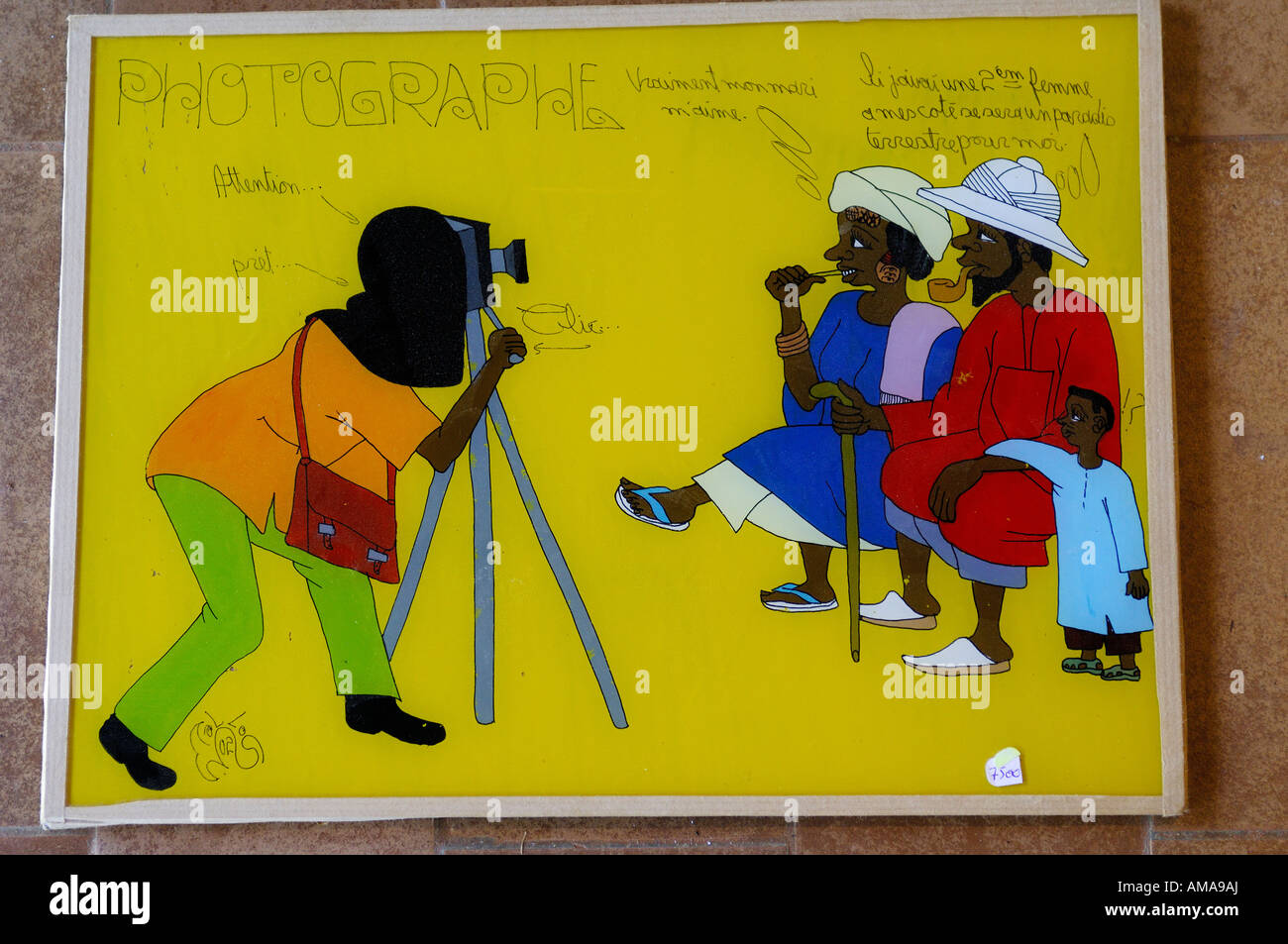 Senegal, painted glass showing a photographer taking a picture Stock Photo