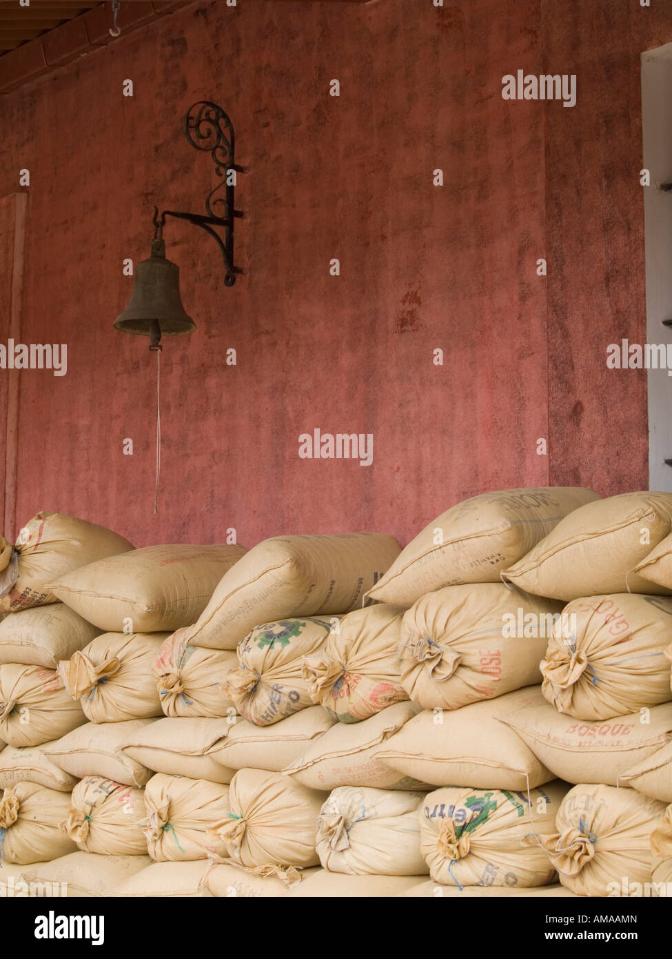 Antigua, Guatemala: Processed coffee beans in storage. Stock Photo
