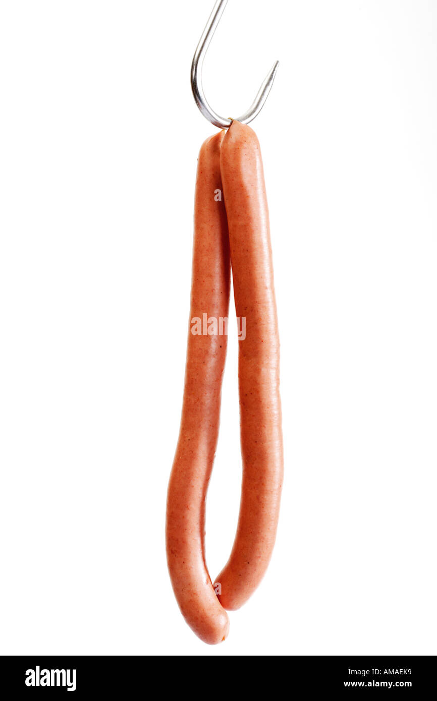 Wiener sausage on butcher´s hook Stock Photo Alamy