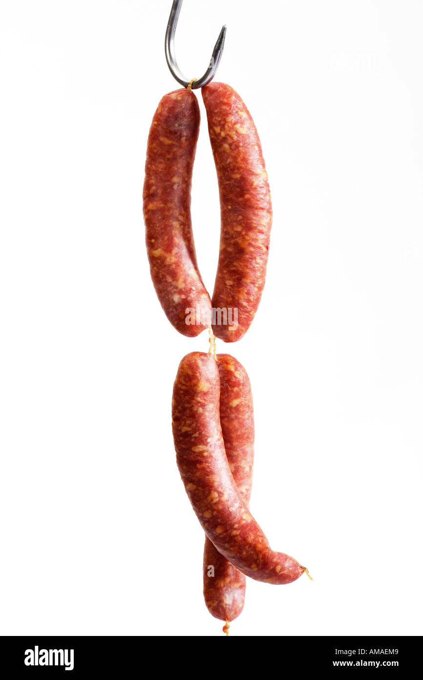 Minced pork sausage on butcher´s hook Stock Photo Alamy