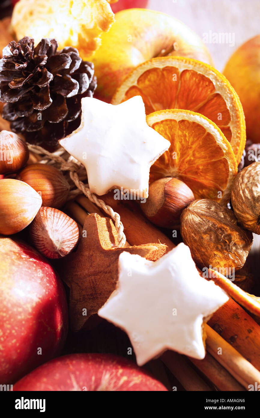 Christmas deocration with fruit and nuts Stock Photo