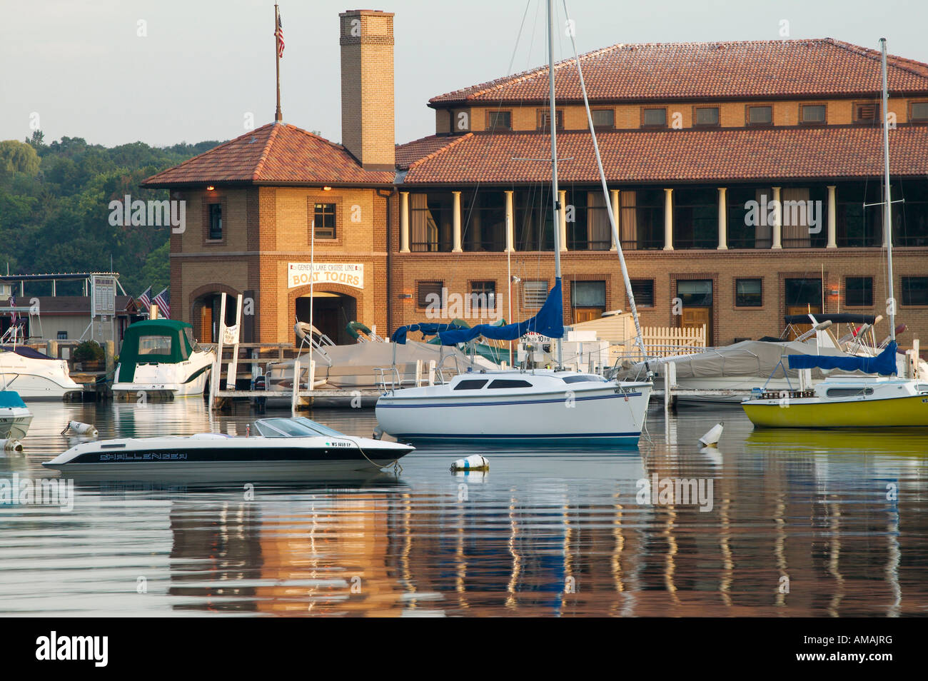 boats in front of The Riviera on Geneva Lake, Lake Geneva, Wisconsin