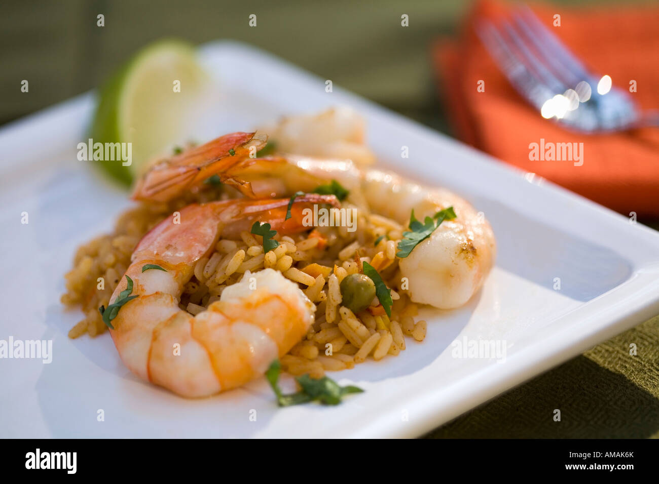 Dish of shrimps and rice Stock Photo