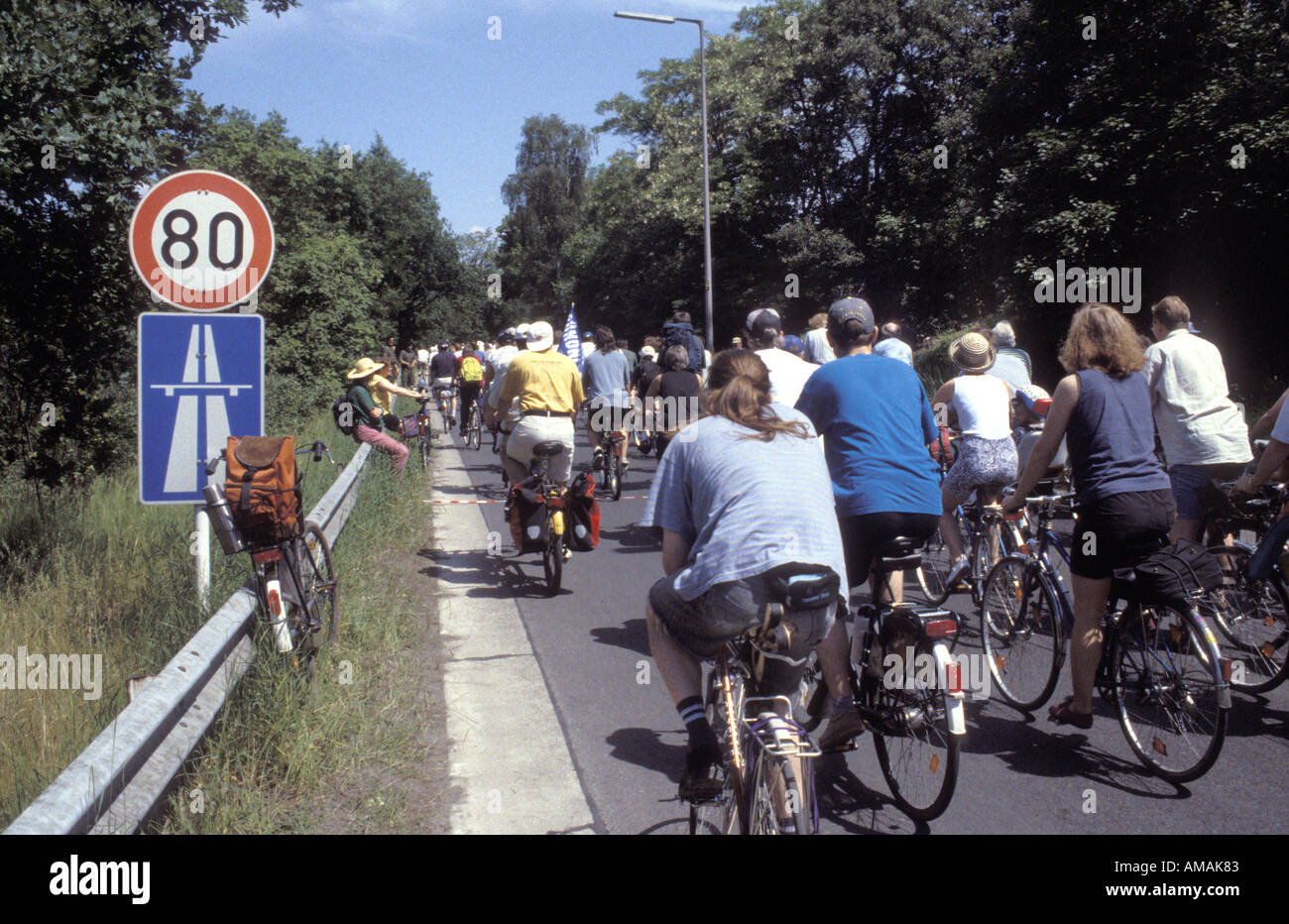 Germany Berlin cyclists on the slip road heading for the city s Avus motorway during the annual bicycle demonstration Stock Photo