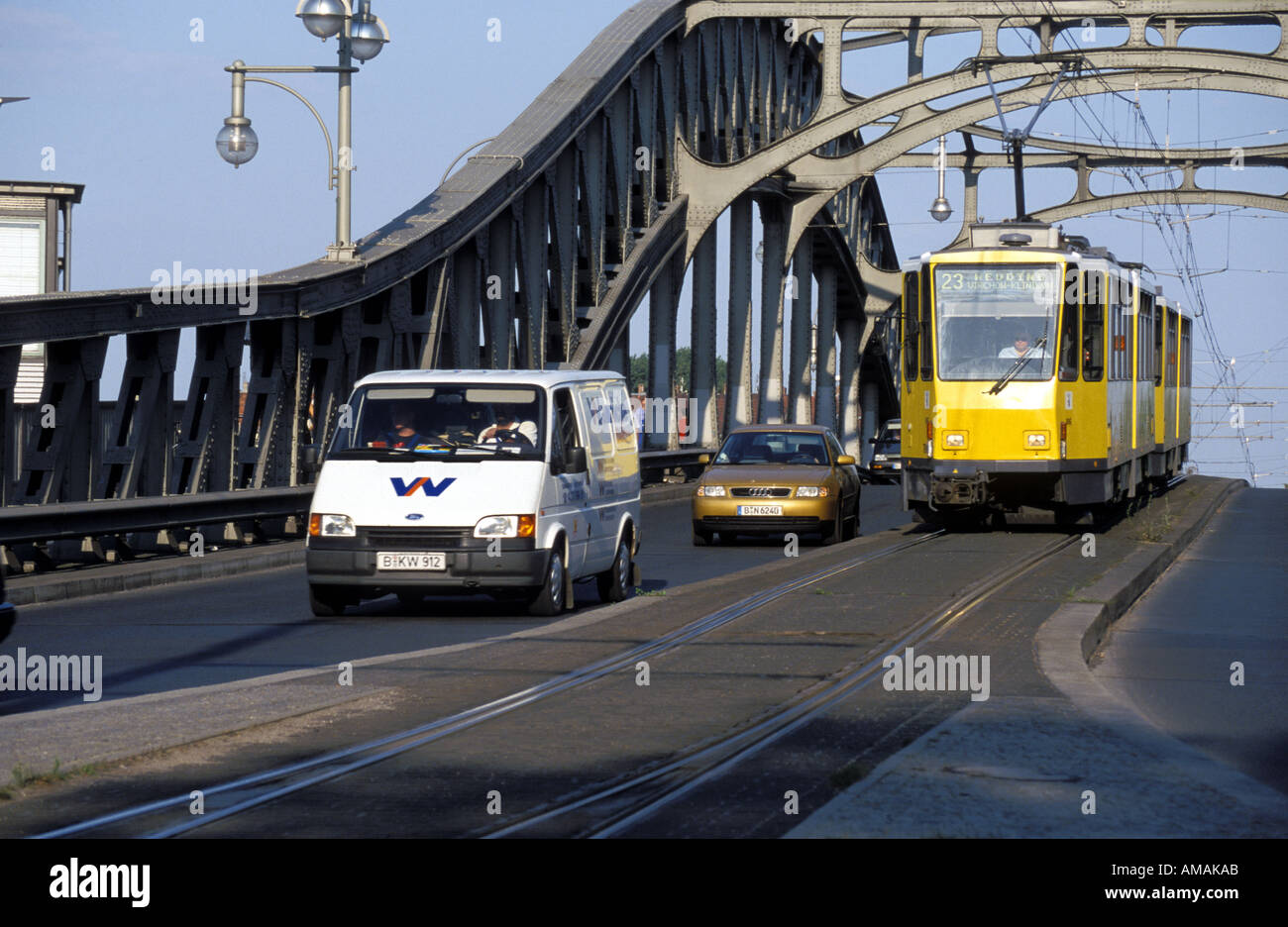 Germany Berlin tram crossing the Boese bridge Stock Photo