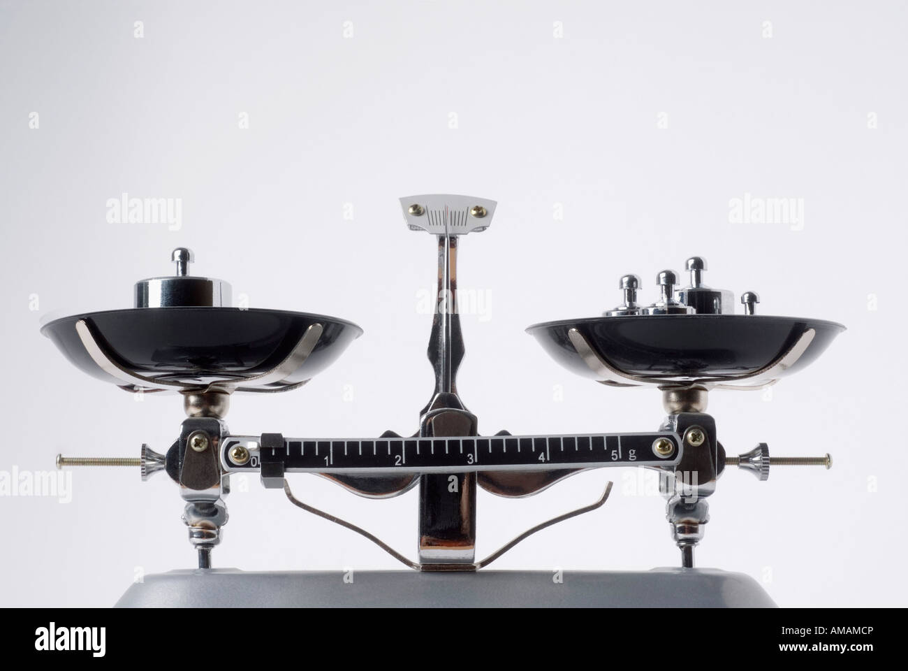 Balance scales with metal weights Stock Photo Alamy