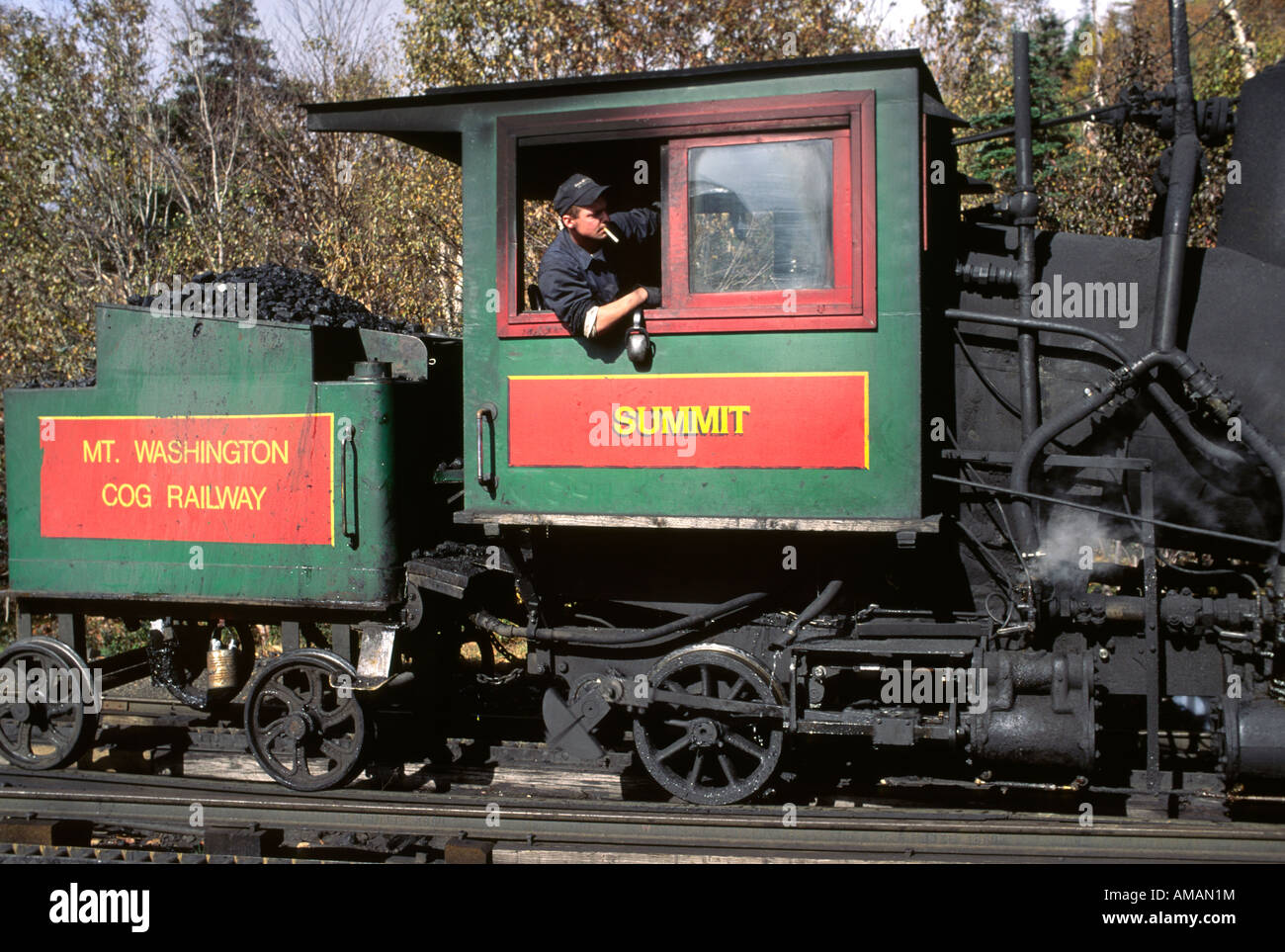 The Mt Washington cog railway at the base of Mount Washington New Hampshire Stock Photo