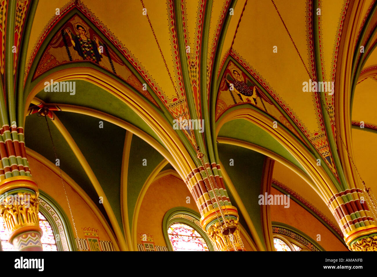Columns and gothic arches inside the Cathedral of the Madeleine in Salt Lake City Utah Stock Photo
