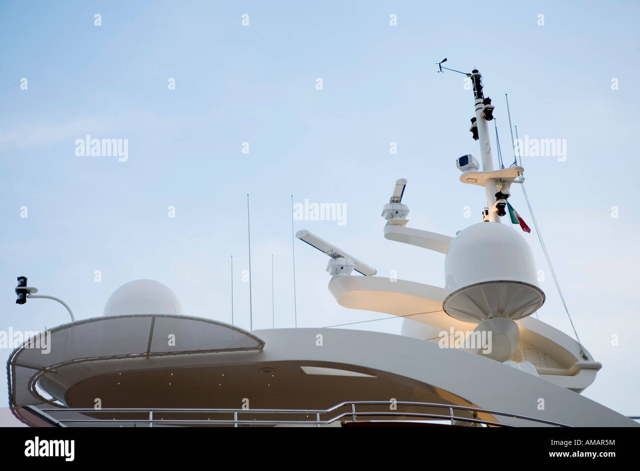 Radars on the top of a yacht Stock Photo Alamy