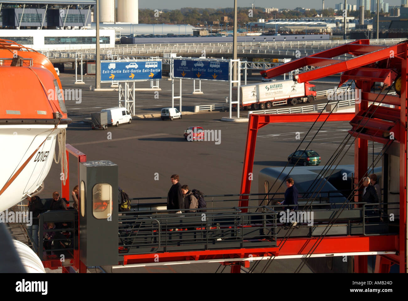 Calais cross channel ferry terminal ramp provided for foot passengers to board P O ferry for crossing to Dover Kent England UK Stock Photo