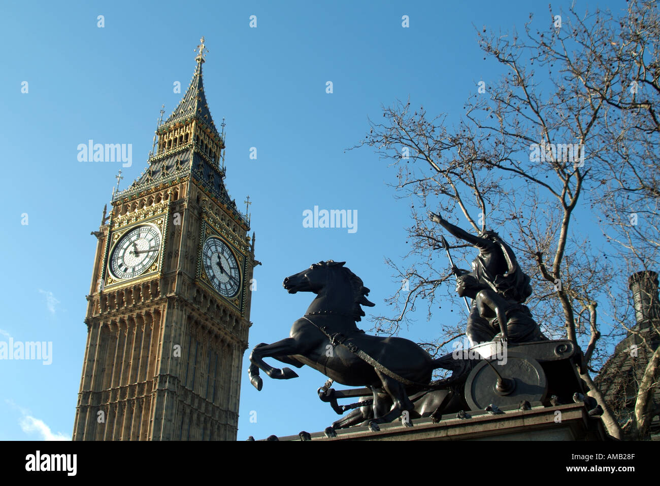 London statue of Queen Boudicca or Boadicea horse and chariot with clock face of Big Ben Stock Photo