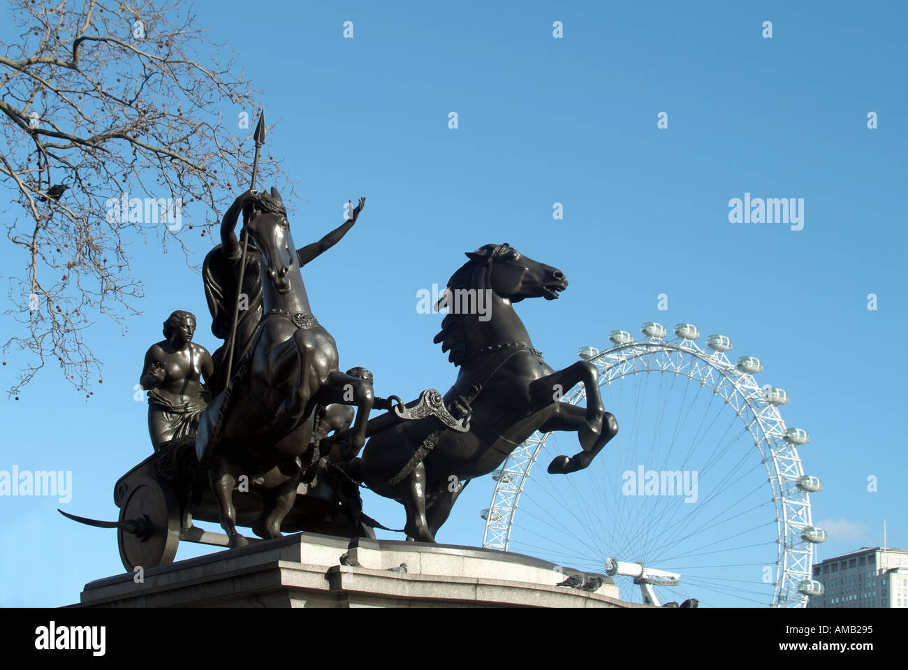 London statue of Queen Boudicca with part of the London eye wheel Stock Photo