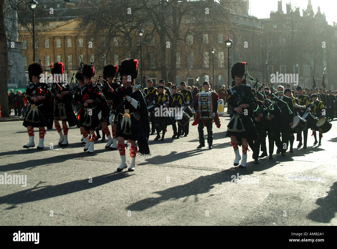 London pipe and drum band from Gordons School in a parade marching along Whitehall Stock Photo