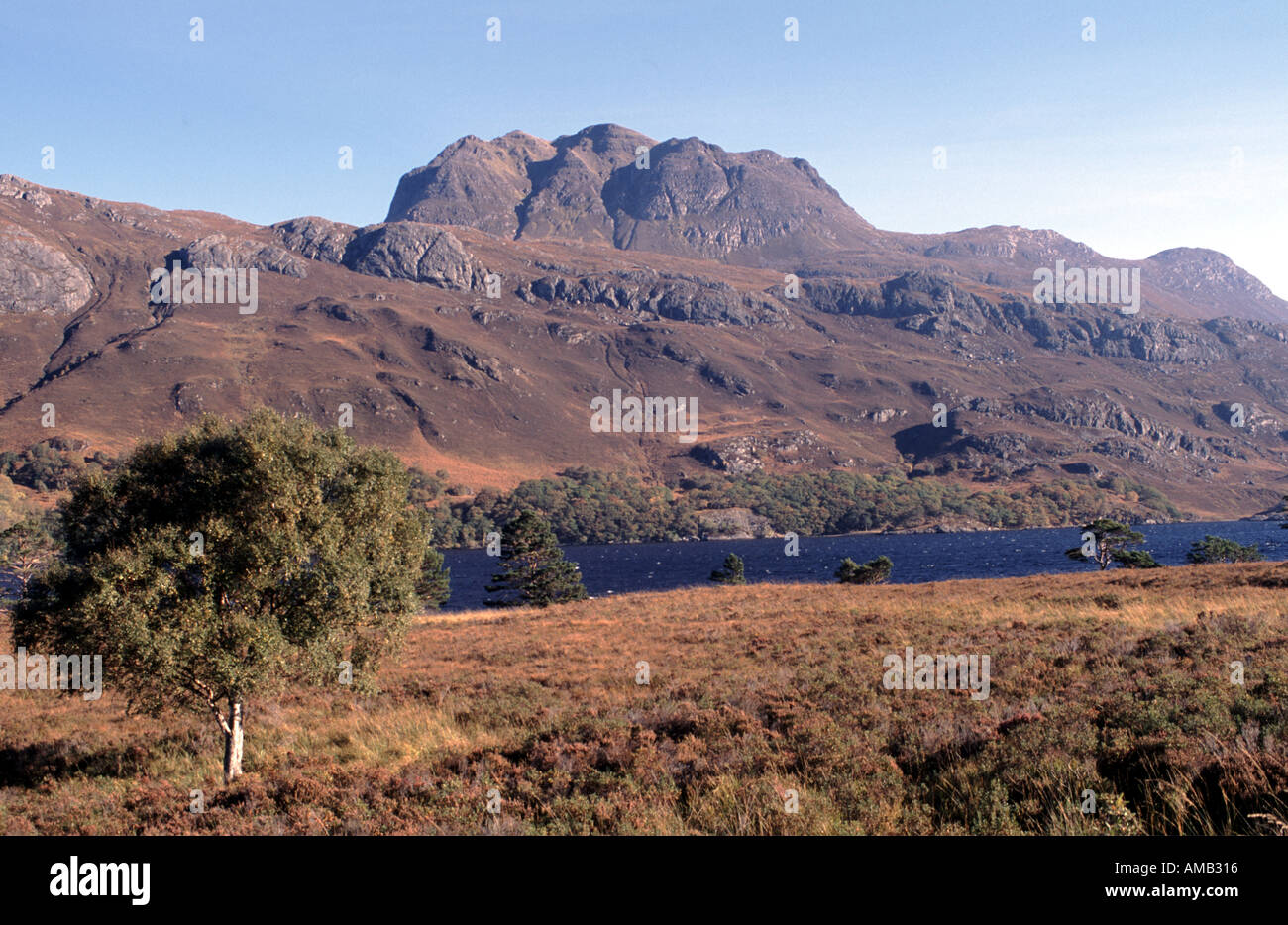 Slioch towering above Loch Maree in Scotland on a sunny autumn day Stock Photo