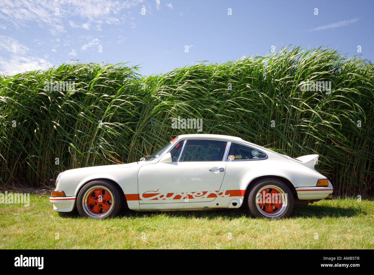 side view of classic white Porsche 911 Carrera RS at historic car show,  reed in background Stock Photo - Alamy