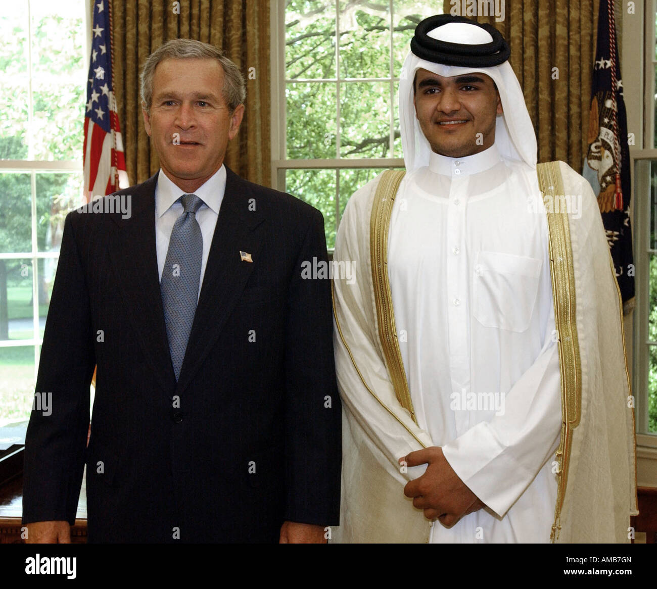 Sheikh Joaan Bin Hamad Al Ihani meets with President Bush at the White House in Washington on Wednesday May 7 2003. Stock Photo