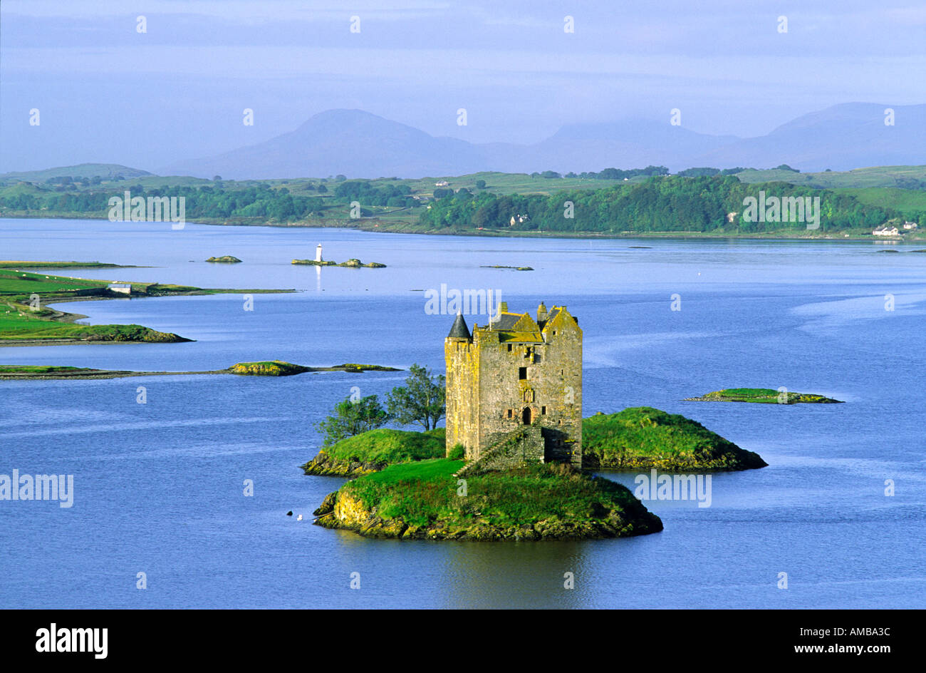 Castle Stalker on Loch Linnhe with Lismore Island behind in middle