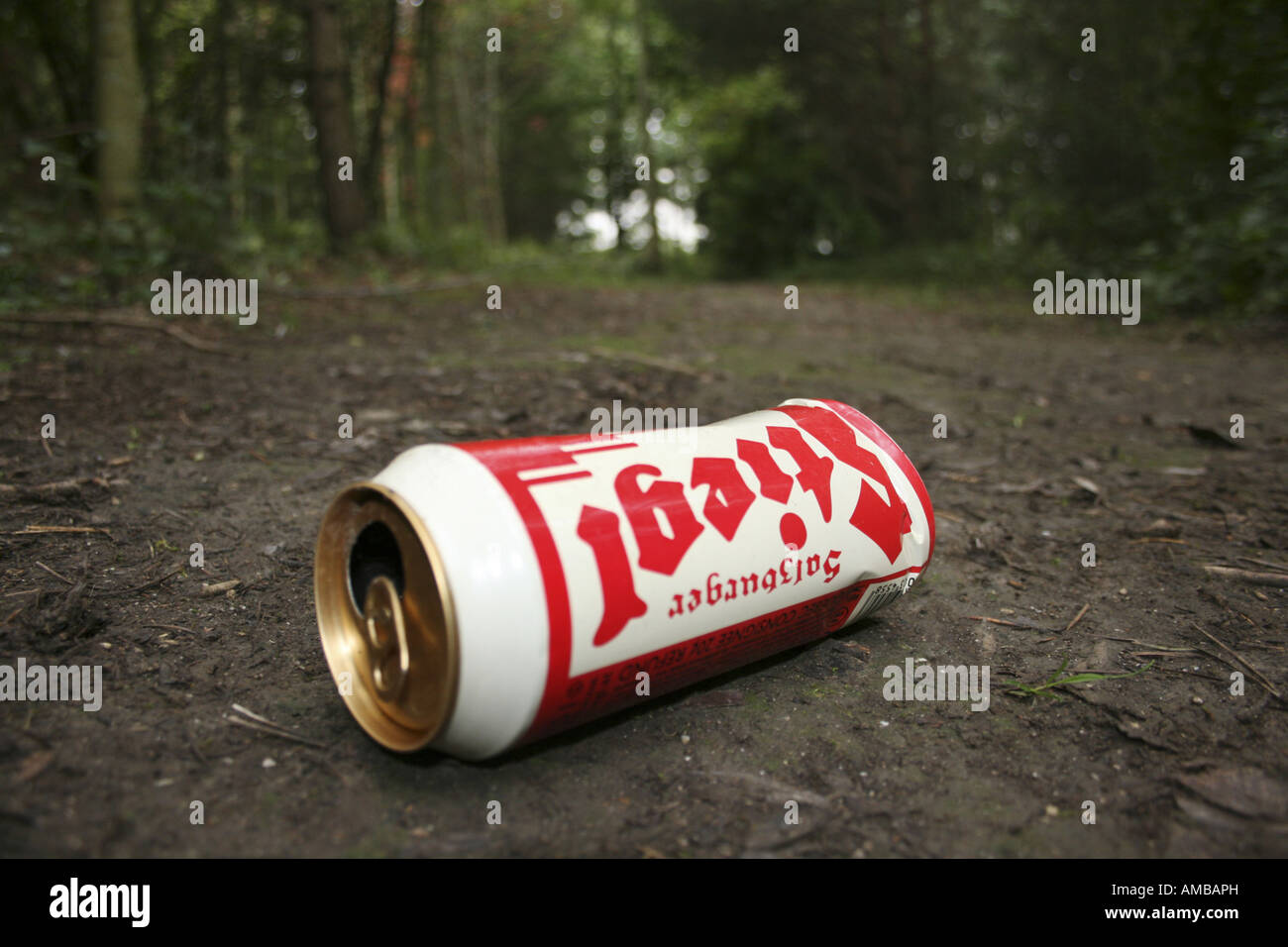 empty beer can on a forest path, Austria Stock Photo Alamy