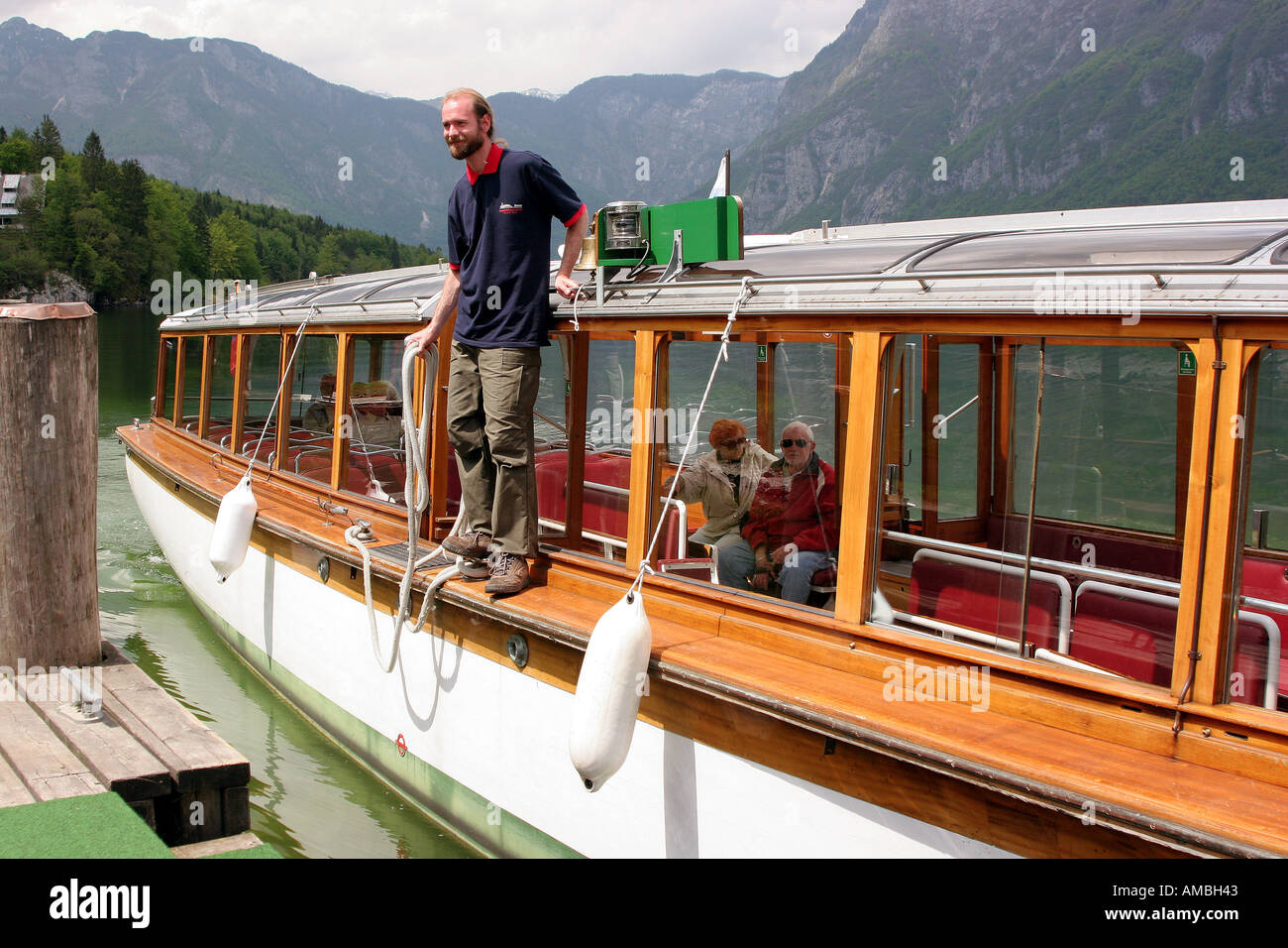 Electric tourist boat Lake Bochim Slovenia Stock Photo