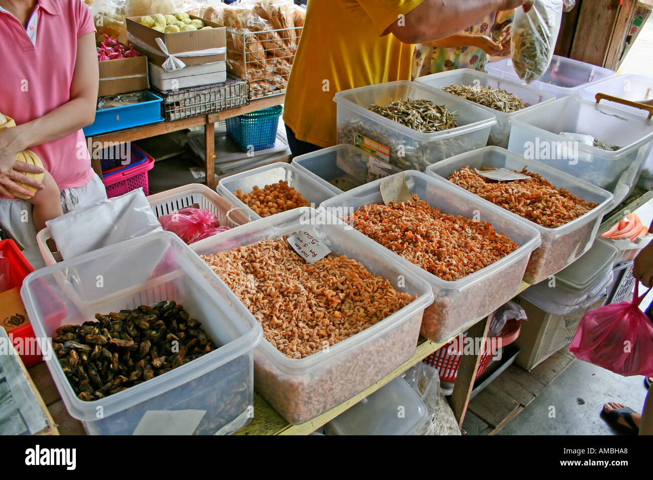 Dried prawns and other seafoods for sale Malaysia Stock Photo
