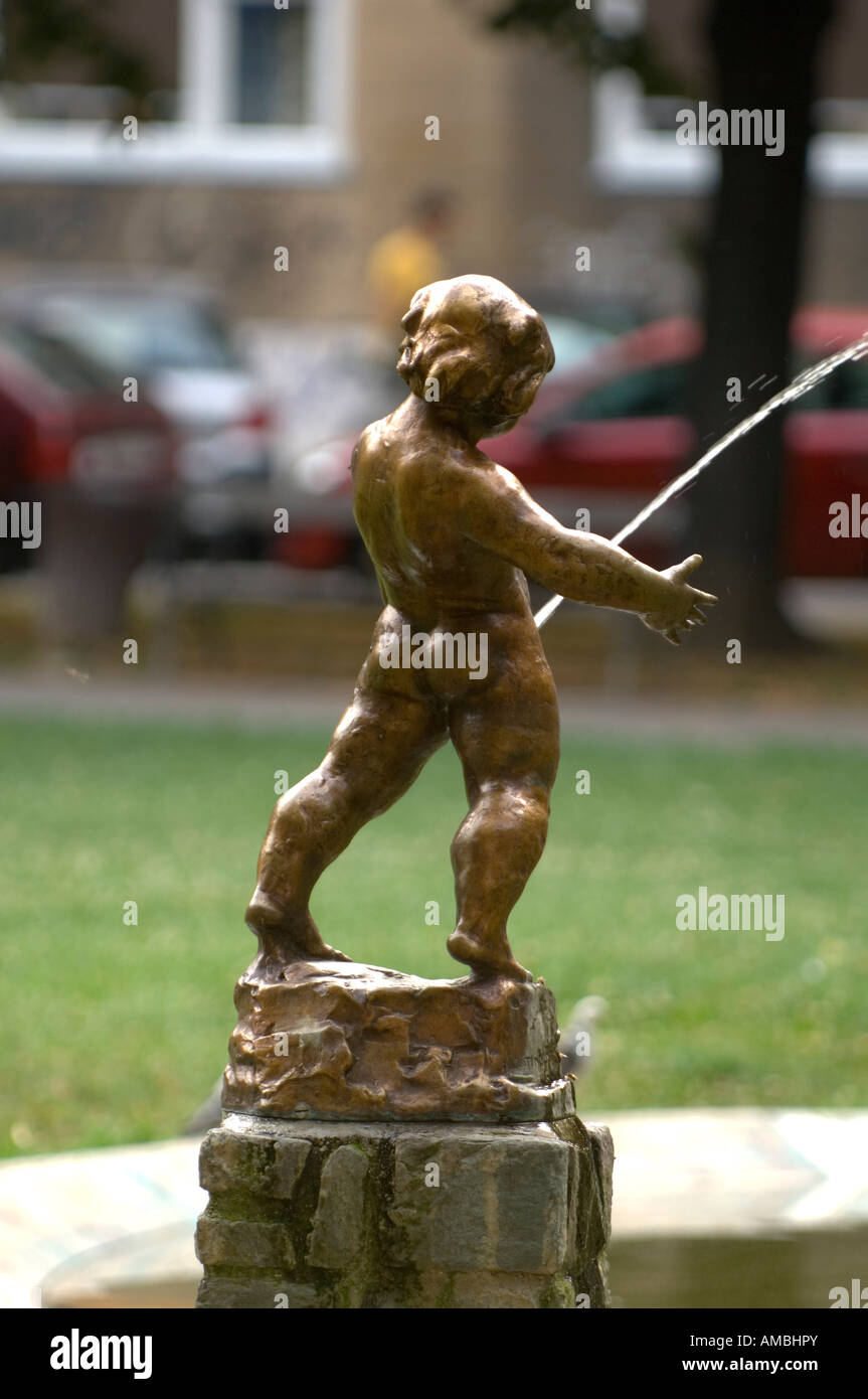 Statue in a small park of a young boy urinating Zagreb Croatia Stock
