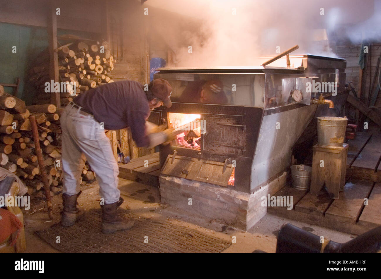 Traditional making of maple syrup by boiling down sap in an evaporator
