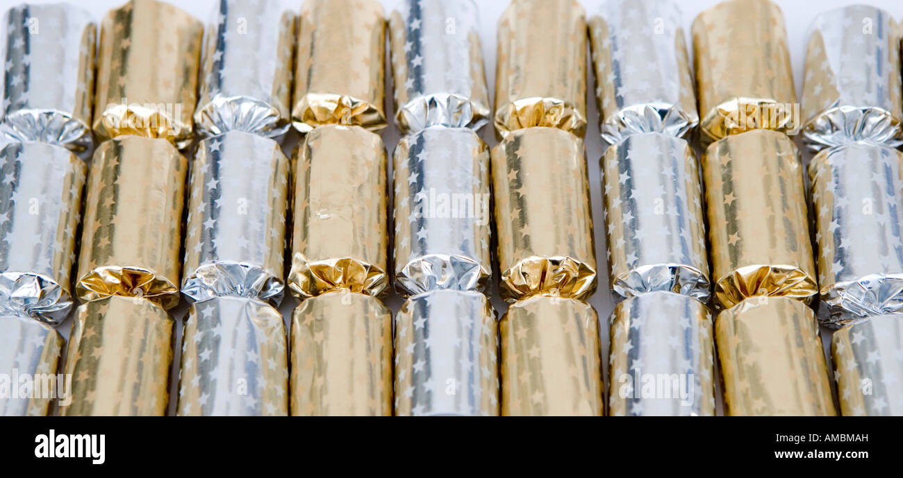Gold and silver Christmas crackers Stock Photo
