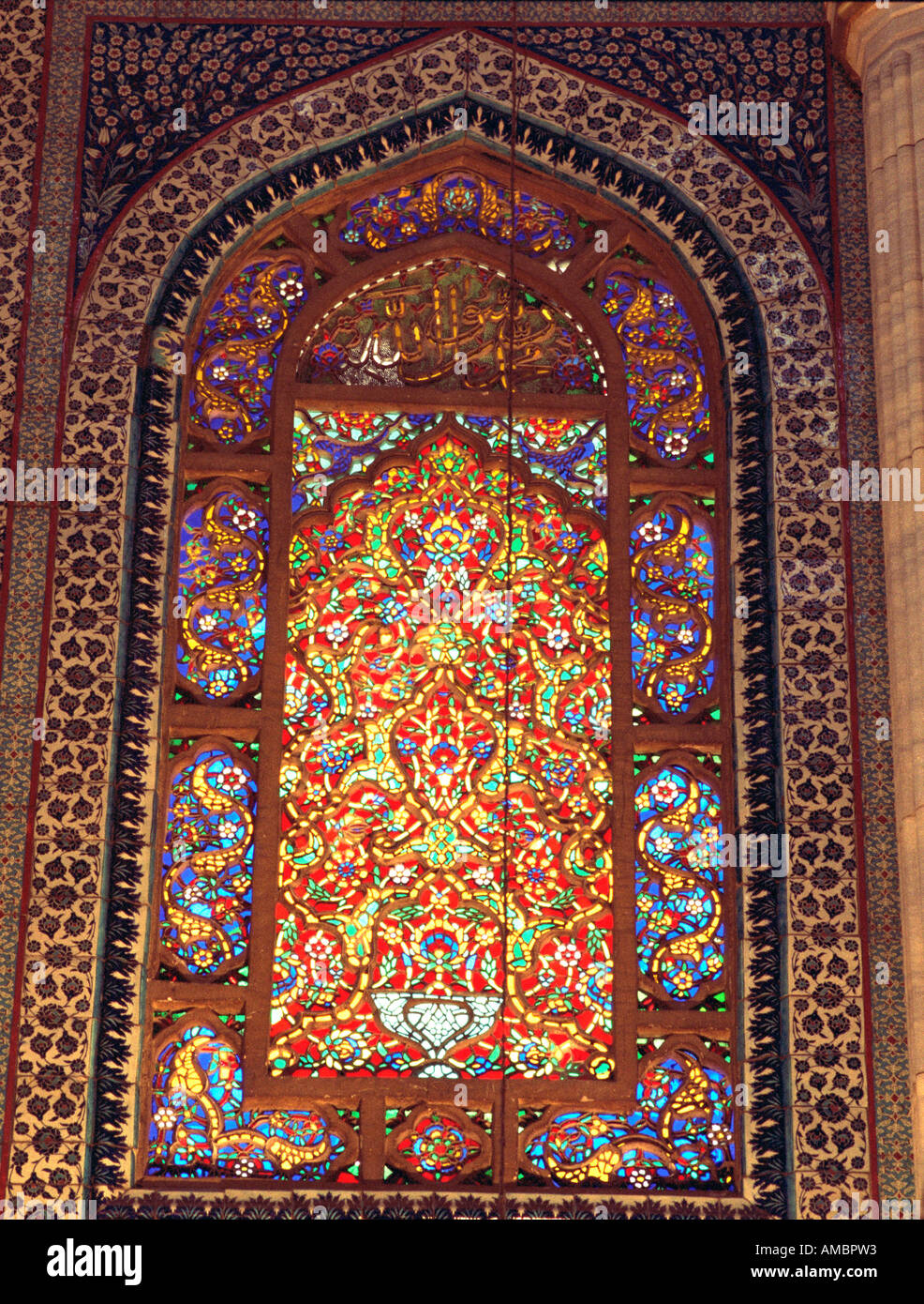 Detail of coloured glass window, prayer hall of mosque, Sulemaniye complex, Istanbul, Turkey Stock Photo