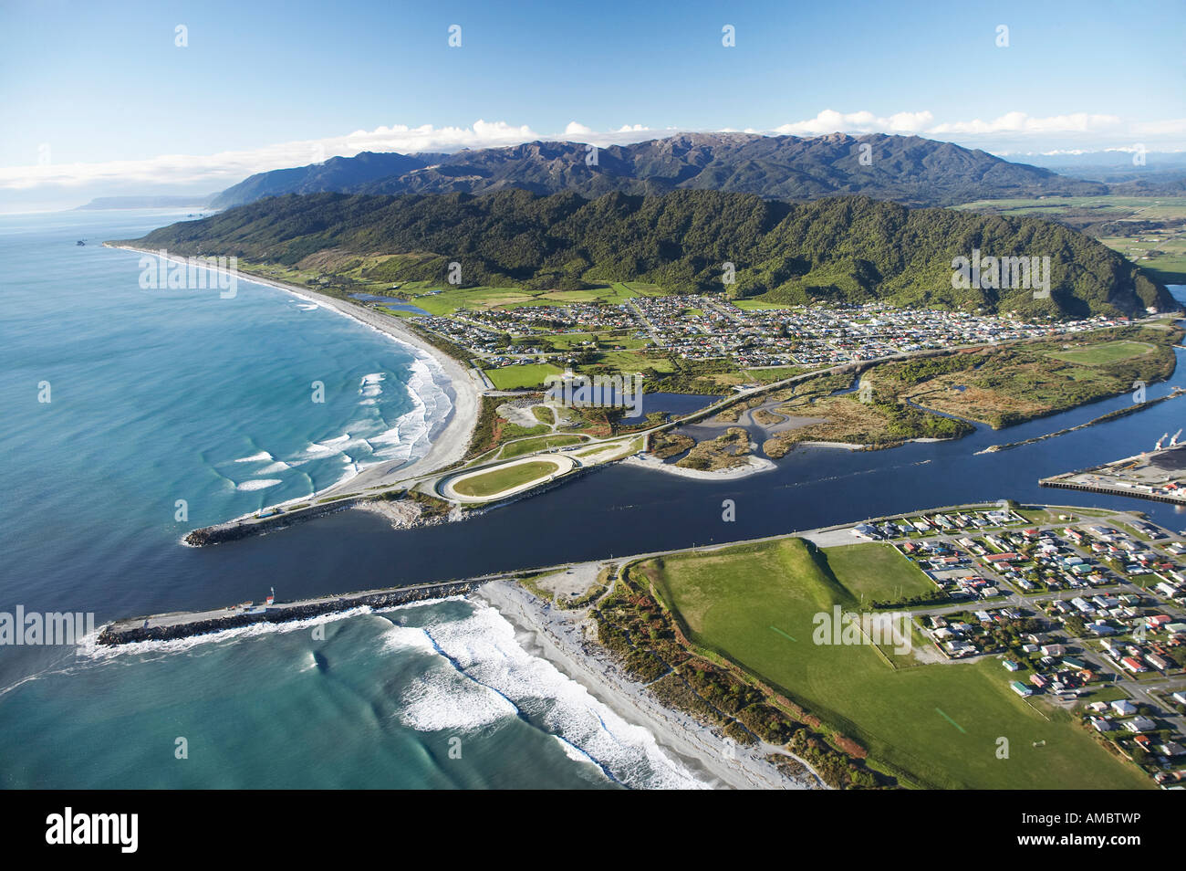 Grey River and Greymouth West Coast South Island New Zealand aerial