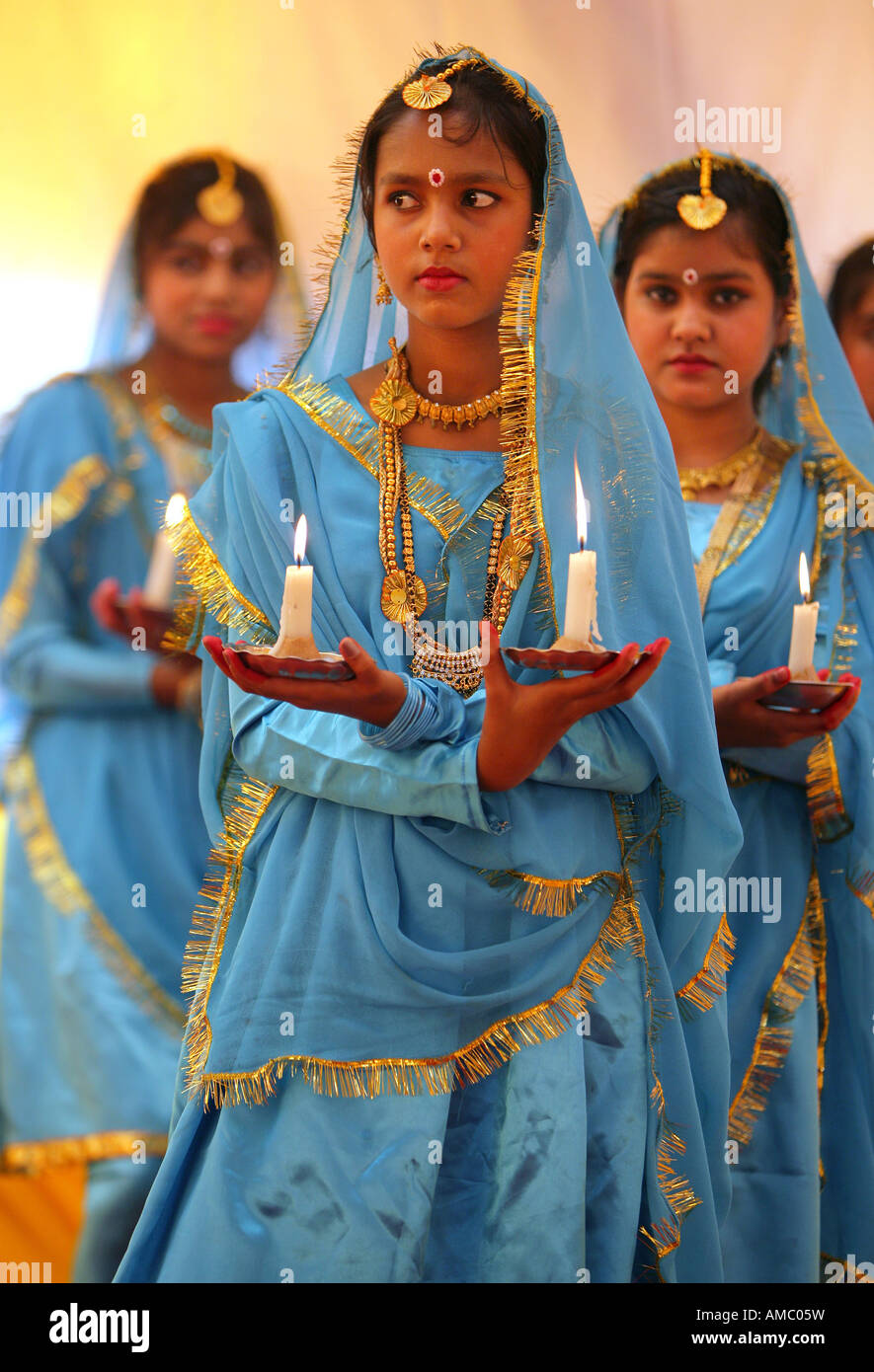 India, Bodhgaya, young girls performing a cultural dance Stock Photo