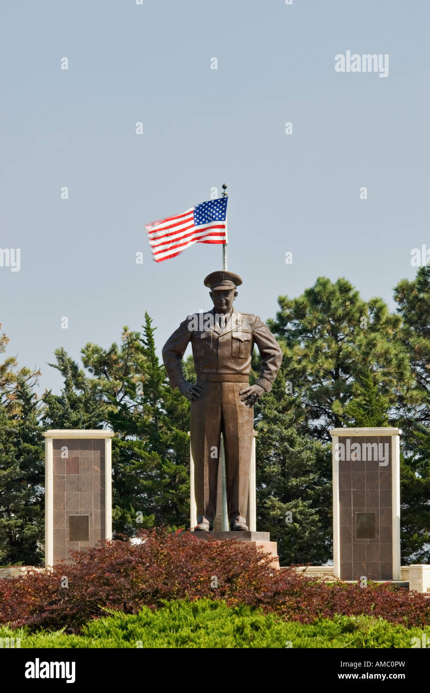 Bronze Statue of President Dwight David Eisenhower with American Flag Abilene Kansas Stock Photo
