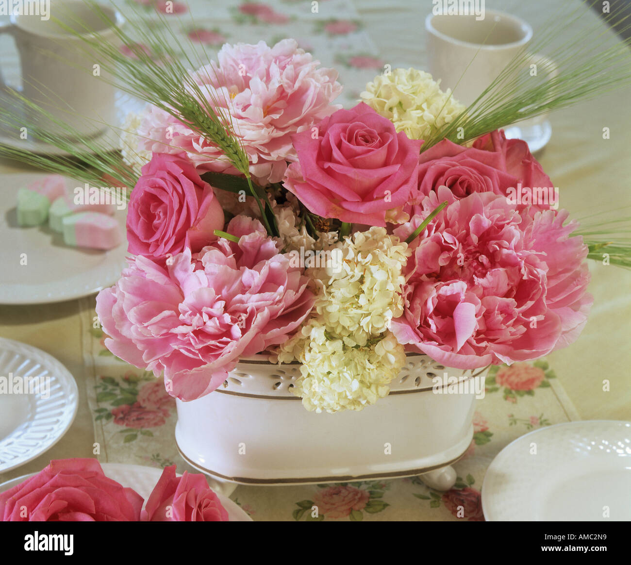 flower arrangement : roses, peonies and viburnum Stock Photo