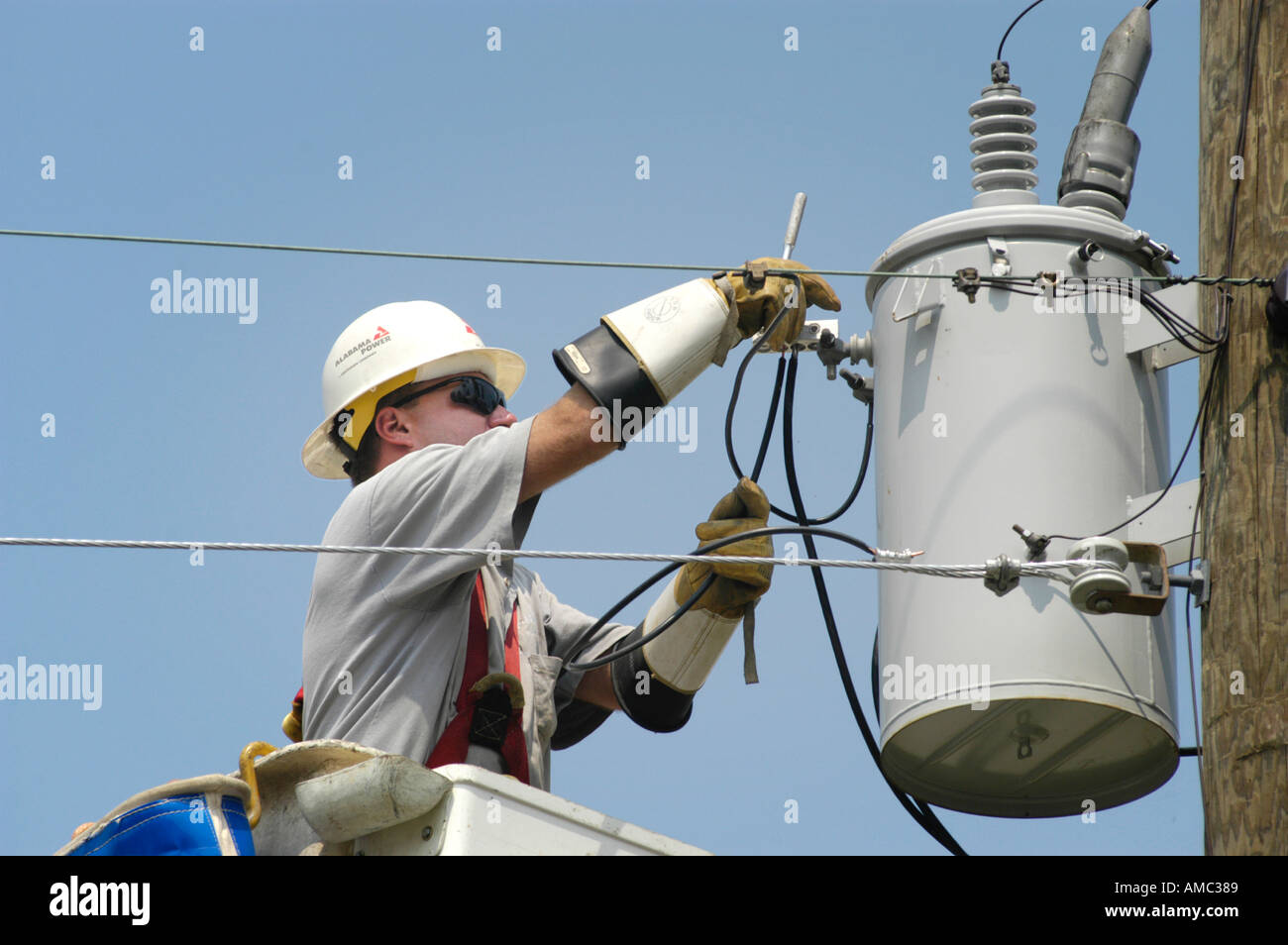 Electric Company Linemen Working on real Power Transmission Lines in
